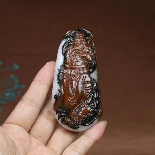 和田玉白玉黑皮山料羊脂关公手把件,苏工